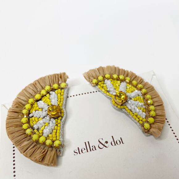 Half Circle Beaded Tassel Fringe Dangle Earrings IRaffia White Yellow - Picture 4 of 7